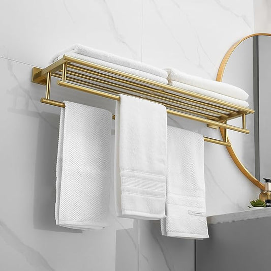 Towel Rack for Bathroom 32 Inch Wall Mounted Towel Rack Brushed Gold Towel Shelf with Double Towel Bar SUS304 Stainless Steel Towel Holder for Bathroom Wall Hotel Towel Rail