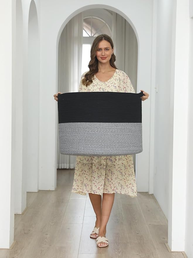 Cottonphant 24" x 24" x 17" Max Size Large Cotton Rope Basket, Extra Large Storage Basket, Woven Laundry Hamper, Cloth Storage Bin, for Blankets Clothes Towels Pillows in Living Room, Black/Grey Mix