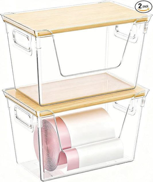 2 Pack Trash Bag Dispenser with Bamboo Lid, Stackable Trash Bag Holder, Large Clear Garbage Bag Organizer for 4-33 Gal Bags, Space-Saving Under Sink Organizer for Kitchen, Laundry, Pantry