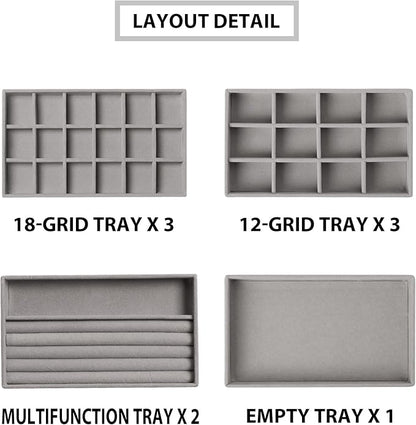 Frebeauty Jewelry Organizer Tray,Stackable Velvet Jewelry Trays,Drawer Inserts Earring Organizer For Women Jewelry Storage Display Case for Rings Stud Necklaces,Set of 9(Grey)