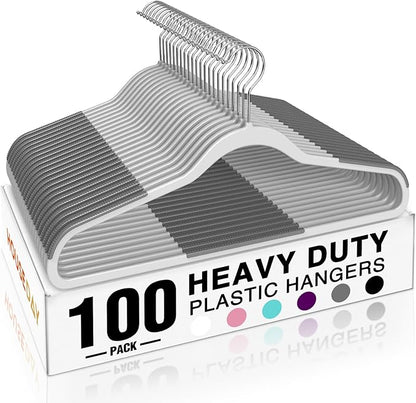 HOUSE DAY Heavy Duty Plastic Hangers 100 Pack, Clothes Hangers with Non-Slip Rubber Pads - 0.2 Inch Thin Space Saving Coat Hanger for Closet Organizer, 360° Swivel Hook for Shirts, Pants, Suit (Grey)