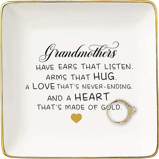 Mother's Day Gift for Grandma-Grandmother Gift-Grandmothers Have Ears That Listen Arms That Hug-Birthday Gift-Christmas Gift for Grandma Nana-Gigi Gift-Ceramic Jewelry Tray,Trinket Holder,Ring Dish