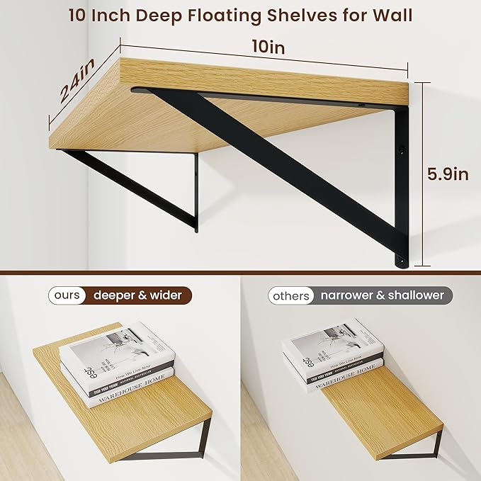 Axeman Deep Floating Shelves | 24 Inch Oak Wall Shelves Set of 2 | 10 Inch Deep Wood Floating Shelves for Wall | 24" W x 10" D Oak Shelves for Living Room Bathroom Kitchen