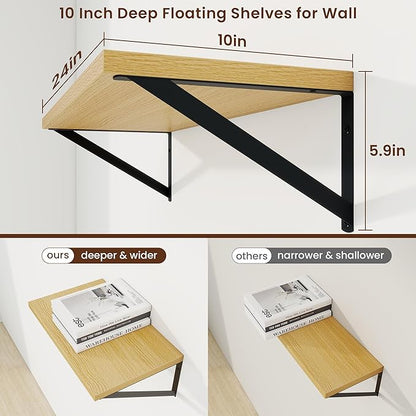 Axeman Deep Floating Shelves | 24 Inch Oak Wall Shelves Set of 2 | 10 Inch Deep Wood Floating Shelves for Wall | 24" W x 10" D Oak Shelves for Living Room Bathroom Kitchen