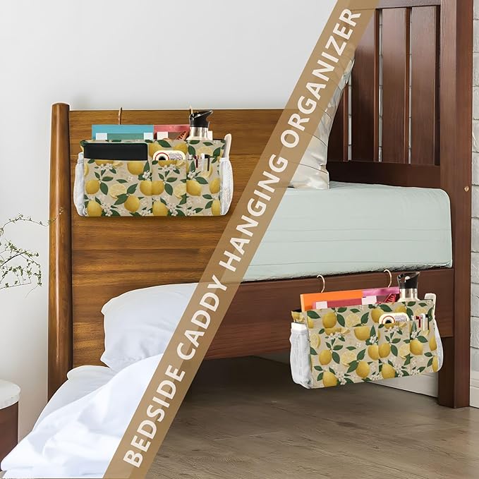CuwrYet Bedside Caddy Hanging Bunk Bed Caddy Bed Organizer Hanging Pocket with 2 Hooks Bedside Storage Organizer Pocket Bag Holder Beige Lemons and Flowers