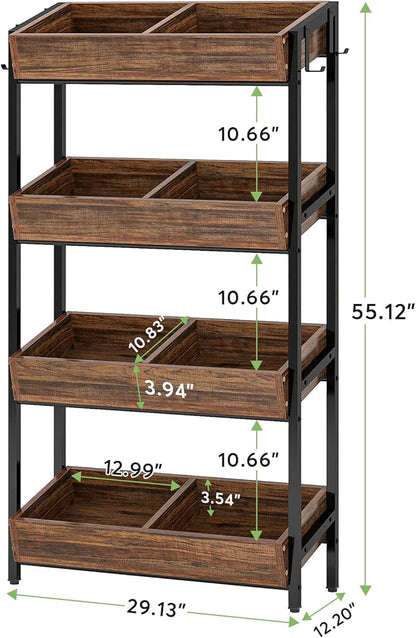 Tribesigns Wood Fruit and Vegetable Basket Stand Rack for Kitchen, Office, Store, Supremarket, Pantry Shelf Unit for Snacks, 4-Tier Wooden Utility Storage Shelves (Brown+Black)