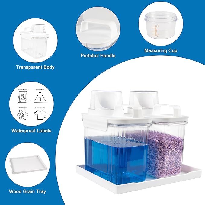 51oz Laundry Detergent Container, 2 Pack Plastic Liquid Detergent Dispenser for Laundry Room Powder,Soap,Fabric Softener, Scent Beads Storage and Organization,with 5 Labels,1 Tray.(2, 51oz)