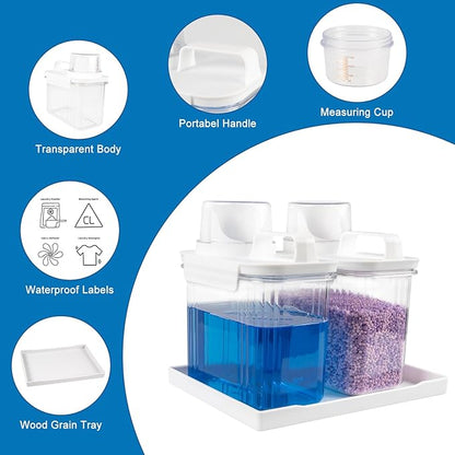 51oz Laundry Detergent Container, 2 Pack Plastic Liquid Detergent Dispenser for Laundry Room Powder,Soap,Fabric Softener, Scent Beads Storage and Organization,with 5 Labels,1 Tray.(2, 51oz)