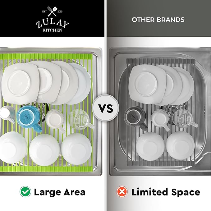 Zulay Kitchen Large Roll Up Dish Drying Rack - Heavy Duty Silicone Wrapped Steel Rods Over Sink Dish Drying Rack - Versatile Roll Up Sink Drying Rack & Trivet - Green,20.5 inches x 13 inches