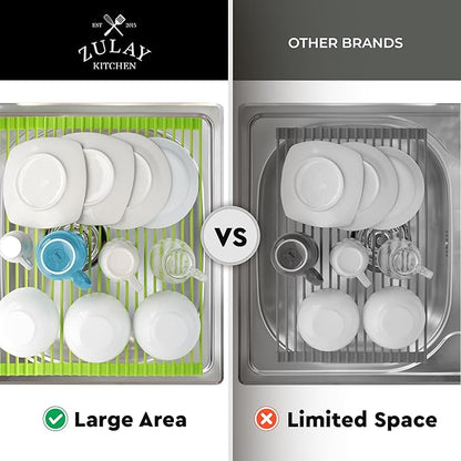 Zulay Kitchen Large Roll Up Dish Drying Rack - Heavy Duty Silicone Wrapped Steel Rods Over Sink Dish Drying Rack - Versatile Roll Up Sink Drying Rack & Trivet - Green,20.5 inches x 13 inches