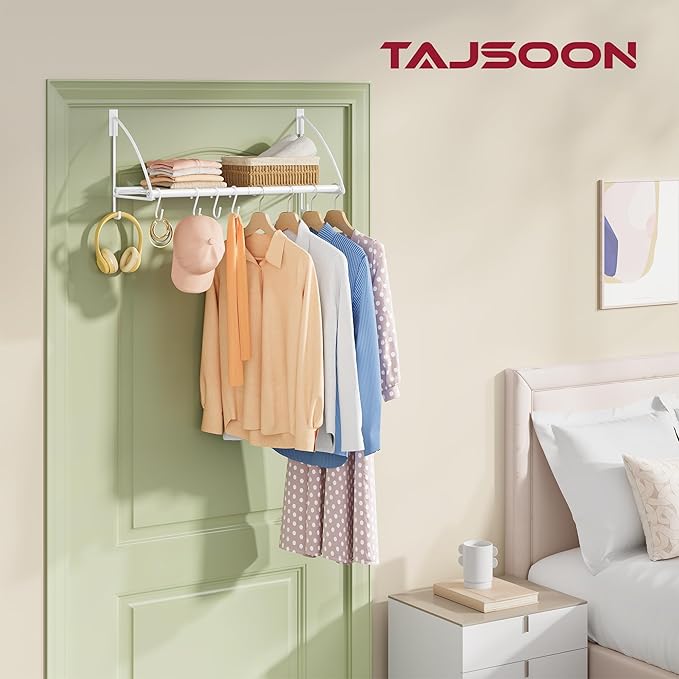 Tajsoon Over Door Clothes Hanger with Storage Rack and 6 Hooks, Extended Over The Door Clothes Rack for Hanging Coat for Bathroom, Bedroom, Living Room, White