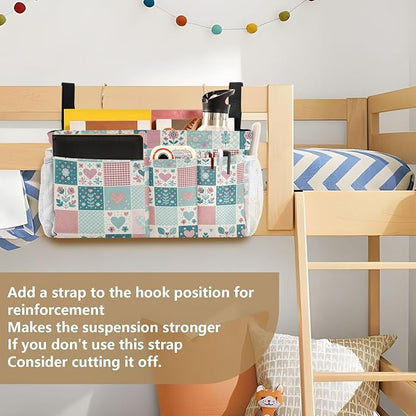 Jihqo Bedside Caddy Hanging Storage Bag Gingham Floral Bedside Organizer Caddy for Bunk, Dorm Room, Hospital Beds - Place Magazines / Remotes / Keys