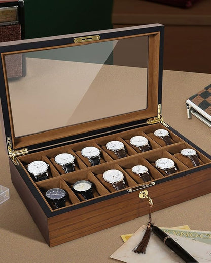 Uten Watch Box with 12 Slots, Watch Case Organizer with Golden Lock and Key, Wooden Watch Display Storage Box with Removable Watch Cushions, Velvet Lining, Metal Clasp