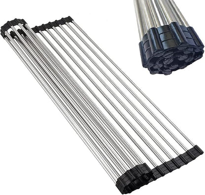 Roll up Dish Drying Rack Over The Sink Portable Stainless Still Rolling Rack Folding Mat for Kitchen Counter (Black, 17.7''LX11.2''W)