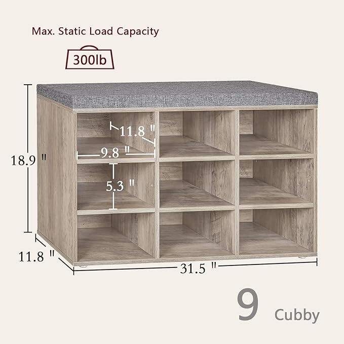 DINZI LVJ Shoe Bench, 9 Cubbies Shoe Organizer for Entryway, Storage Bench with Cushion, Cubby Shoe Rack with Adjustable Shelves for Living Room, Bedroom, Mudroom, Hallway, Greige