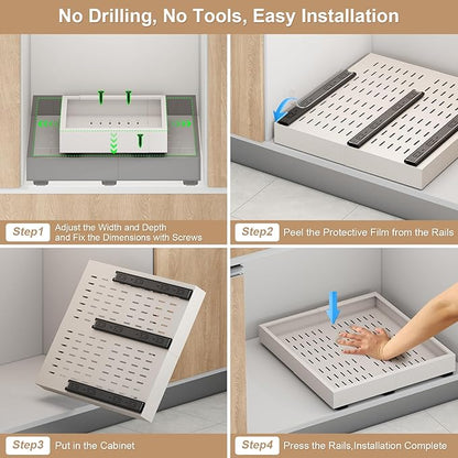 Pull out Cabinet Organizer,3 Sliding Rails,Width (11"-16"),Depth (13"-17") Expandable,No Drill Adjustable Slide out Drawers for Kitchen,Pantry, Adhesive Roll out Shelves,for Cabinets Without Lip,White