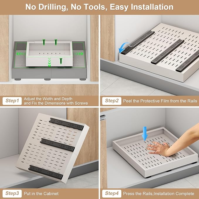 2Pc Pull out Cabinet Organizer,Width (11"-16"),Depth(17"-24") Expandable with 3 Rails,No Drill Roll out Drawers,Adhesive Sliding Drawers,Slide out Shelves for Cabinets Without Lip,Kitchen,Pantry,White | Expandable, 3 Rails, No Drill, Roll out Drawers, ...
