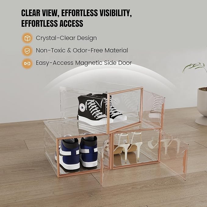 ADTO X-Large Stackable Shoe Boxes - Clear Plastic Shoe Storage Boxes with Magnetic Door, Thicken Shoe Organizer for Closet, Space Saving Foldable Shoe Containers Bins for Sneaker Boot - 6 Pack(Brown)