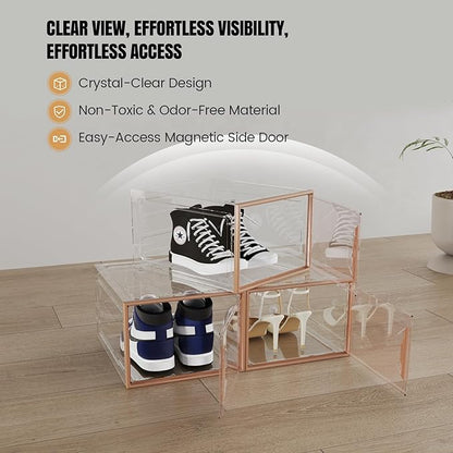 ADTO X-Large Stackable Shoe Boxes - Clear Plastic Shoe Storage Boxes with Magnetic Door, Thicken Shoe Organizer for Closet, Space Saving Foldable Shoe Containers Bins for Sneaker Boot - 6 Pack(Brown)