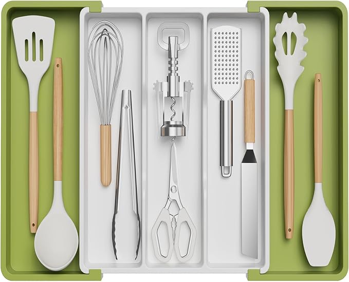 Lifewit Utensil Organizer for Kitchen Drawers, Expandable Cooking Utensil Tray, Adjustable Cutlery Silverware Flatware Holder, Plastic Spatula Tools Storage Divider, Green&White, 13"-22" x 15"