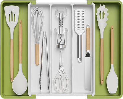 Lifewit Utensil Organizer for Kitchen Drawers, Expandable Cooking Utensil Tray, Adjustable Cutlery Silverware Flatware Holder, Plastic Spatula Tools Storage Divider, Green&White, 13"-22" x 15"