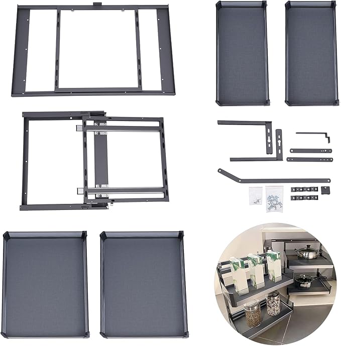 QIANMOON Kitchen Corner Cabinet Pull Out, Magic Pull Out Open, 2 Tiers Swing Tray, Blind Corner Soft Close, for Place Pots and Pans, Containers, Spice Jars