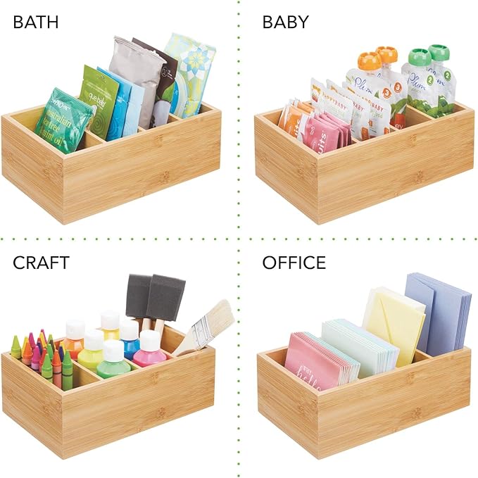 mDesign Bamboo Wood Compact Food Storage Organizer Bin Box - 4 Divided Sections - Holder for Seasoning Packets, Pouches, Soups, Spices, Snacks - Natural