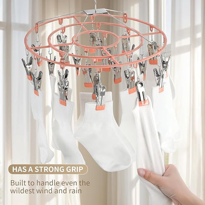 PHYDELU Drying Rack Clothing with 24 Clips，Sock Hanger for Drying，Hanging Clothes Dryer Underwear Hangers Racks Laundry Herb Socks Panty Wet Bra Lingerie Baby Delicates Foldable Small Indoor Metal