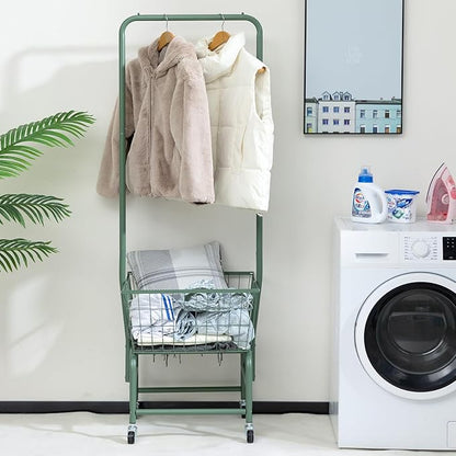 ALIMORDEN Laundry Cart with Clothes Rack, Rolling Laundry Butler with Wire Storage Rack，Green