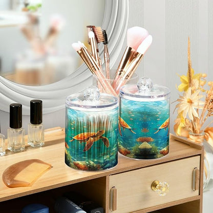 MNSRUU 4 Pack Qtip Holder Organizer Dispenser Sea Turtle Pink Bathroom Storage Canister Cotton Ball Holder Bathroom Containers for Cotton Swabs/Pads/Floss