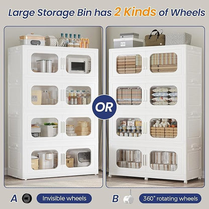 150Gal Exra Large Stackable Storage Bins with Lid, 600QT Collapsible Storage Box with 6x Wheels, Folding Plastic Cabinet Container with Door Drawer for Home Kitchen Office Dorm, 3Pack White