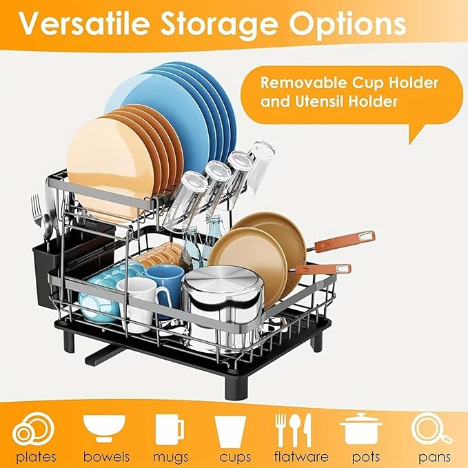 DMTXCRP Dish Drying Rack, Space Saving & Durable, Rust-Proof Large 2 Tier Stainless Steel Dish Racks for Kitchen Counter with Cutlery & Cup Holder & Drainboard -Grey