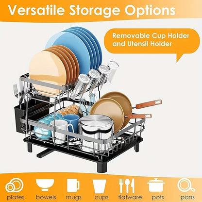 DMTXCRP Dish Drying Rack, Space Saving & Durable, Rust-Proof Large 2 Tier Stainless Steel Dish Racks for Kitchen Counter with Cutlery & Cup Holder & Drainboard -Grey