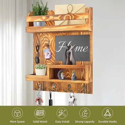 Large Key and Mail Holder Wall Mount, 12.5x16.5 Inch Solid Wood Key Racks for Entryway, Front Door, Hallway, Wall Organizer (Burnt Brown)