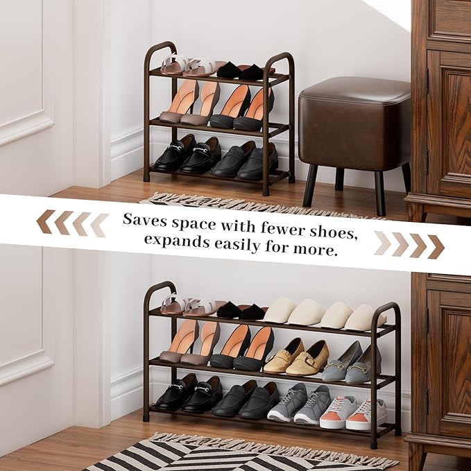 Expandable Shoe Rack, 3-Tier Metal Small Shoe Rack, Adjustable Shoes Organizer, Storage Shelf for Closet, Entryway, Brown