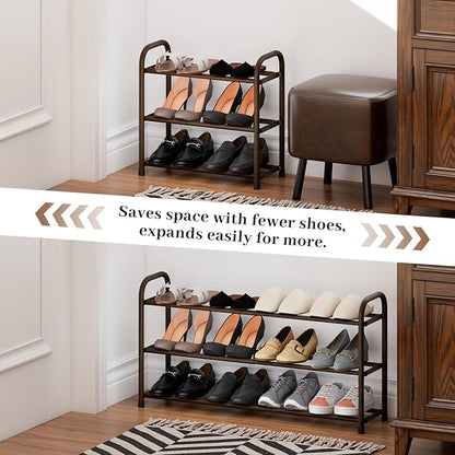 Expandable Shoe Rack, 3-Tier Metal Small Shoe Rack, Adjustable Shoes Organizer, Storage Shelf for Closet, Entryway, Brown
