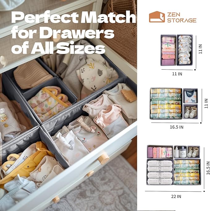Sturdy Drawer Organizers (24-Pack) - Fabric Dresser Drawer Organizers & Dividers for Nursery Organization, Baby Organizers and Storage for Clothes, Socks & Underwear, Grey