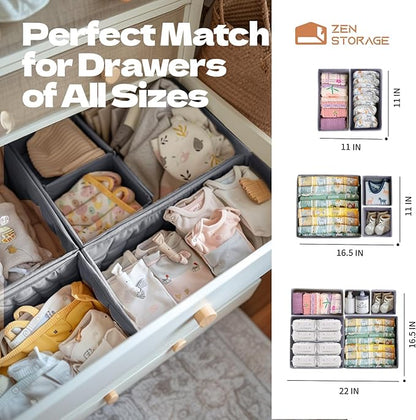 Sturdy Drawer Organizers (24-Pack) - Fabric Dresser Drawer Organizers & Dividers for Nursery Organization, Baby Organizers and Storage for Clothes, Socks & Underwear, Grey