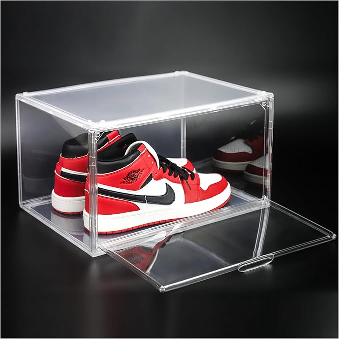 3BBYJL 5 Pack Plastic Sneaker Shoe Display Case Size 13, Clear Stackable Shoe Storage Boxes with Acrylic Magnetic Door, Shoe Containers for Sneaker Storage, Hats, Figure, Collectible