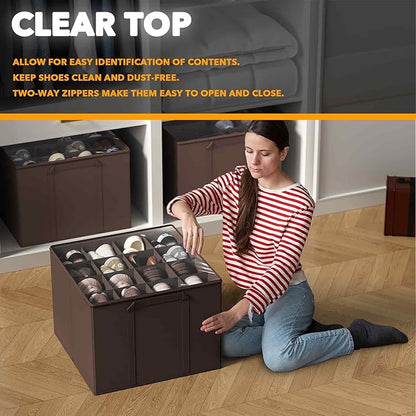 SpaceAid Shoe Organizer for Closet, 2 Pack Foldable Shoe Storage Containers Baskets Boxes Bins w/Adjustable Dividers, Fits 16-32 Pairs, Brown