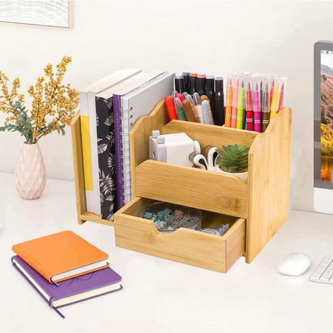 Bamboo Desk Organizer, Multi Use Tabletop Storage Office Supplies with Drawer Pen Holder, 5 Compartments Heavy Duty Desk Accessories for Home Office Organization, No Assembly Required