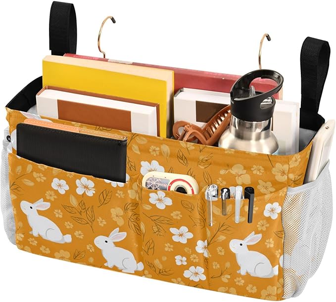 CuwrYet Bedside Caddy Hanging Bunk Bed Caddy Bed Organizer Hanging Pocket with 2 Hooks Bedside Storage Organizer Pocket Bag Holder White Flowers Bunny Orange Leaf
