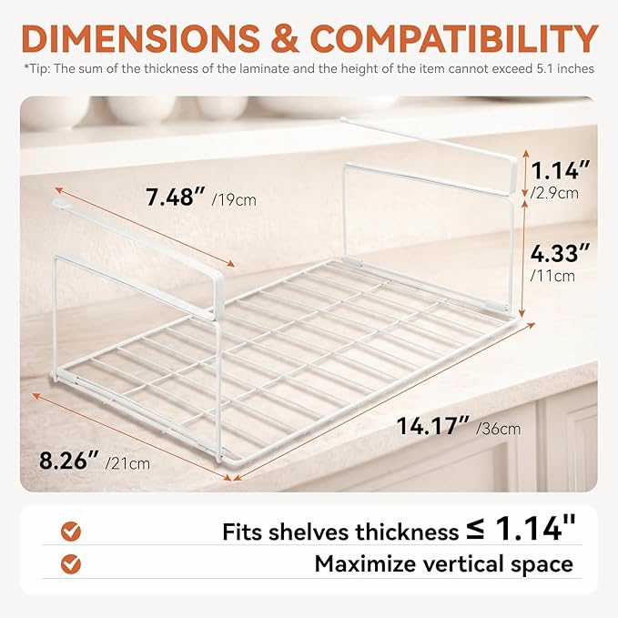 Under Shelf Basket Storage 1 Pack White | Space-Saving with Extra Layer | Lightweight & Quick to Install | Non-Slip | 14.8" D x 8.46" W