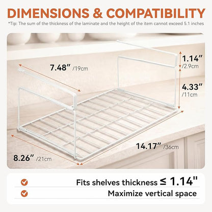Under Shelf Basket Storage 1 Pack White | Space-Saving with Extra Layer | Lightweight & Quick to Install | Non-Slip | 14.8" D x 8.46" W