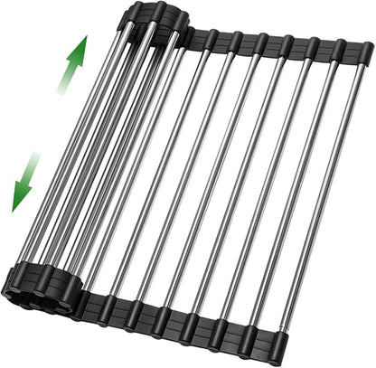 AXIMIXAME Expandable Large Draining Rack, Roll Up Heat-Resistant Dish Drainer for Stainless Steel Sinks, Collapsible Over The Sink Rack Non-Slip Silicone Rolling Up Rack 18 Tube