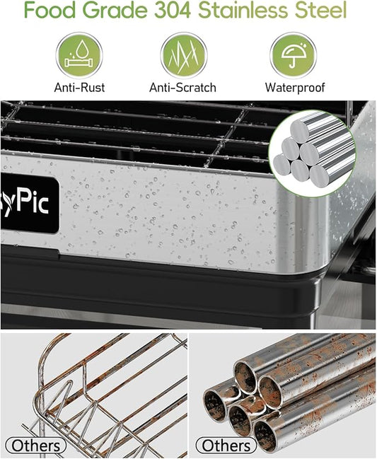 CosyPic 2 Tier Dish Drying Rack, Thicker Premium 304 Stainless Steel Dish Racks for Kitchen Counter, Automatic Drainage Spout, Dish Drainer & Drainboard Set with Utensil Holder and Cup Holder, Black