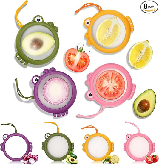 Set of 8 Fish-Shaped Fresh Food Containers, Fresh Pod, Reusable Silicone Storage Pods for Avocado, Onions, Lemon, Tomatoes, Garlic – Anti-Oxidation for Fridge, Send Goods from Local Warehouse