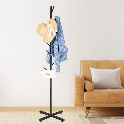 ZOZOE Modern Metal Coat Rack Stand, Coat Rack Freestanding with 8 Hooks, Coat Racks Easy to Assemble, Black Coat Hall Tree Hanger Stand for Jacket, Bag, Hat, Entryway