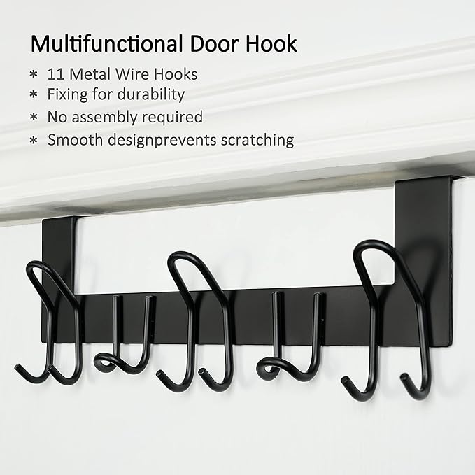 SKOLOO Over The Door Hooks - for Doors up to 1-3/4'' Thickness, Metal Door Hanger with 11 Hooks, Over The Door Hanger for Coats, Hats,Towels, Black