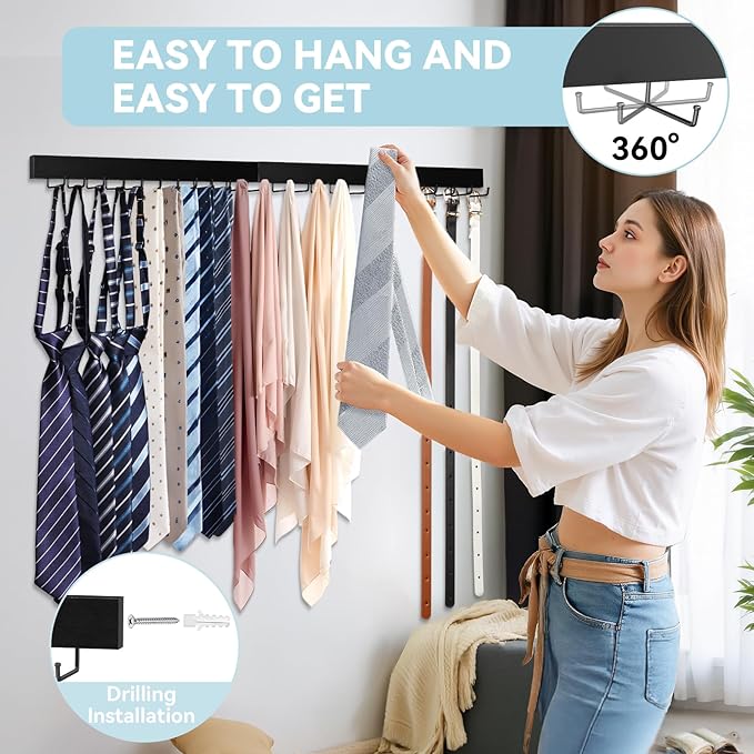 HOMEBROS Tie Rack Wall Mount, Adhesive Wooden Closet Tie Hanger with 24 Metal Hooks, Large Capacity, 2 Installation Options, Black, 2 Pcs